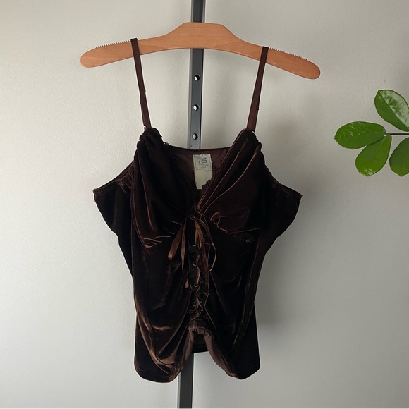 Y2K Vintage 725 Originals Velvet Velour Corset Bustier Lace Up Tank Top Brown - Picture 1 of 6